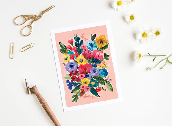 5x7 greeting cards by Eliza Todd featuring a bright flower bouquet, saying "Love always." - APeaceofWerk.com