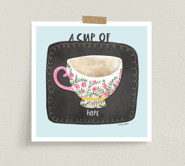 Fine Art Prints by Eliza Todd featuring folksy teacup offering a cup of hope - APeaceofWerk.com