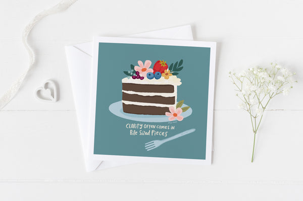 5x5 greeting card by Eliza Todd featuring a slice of chocolate cake and fruits, saying "Clarity often comes in bite sized pieces." - APeaceofWerk.com