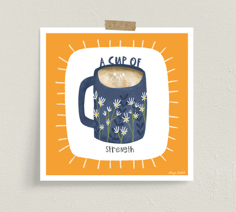 Fine art prints by Eliza Todd featuring a folksy mug offering a cup of strength. - APeaceofWerk.com