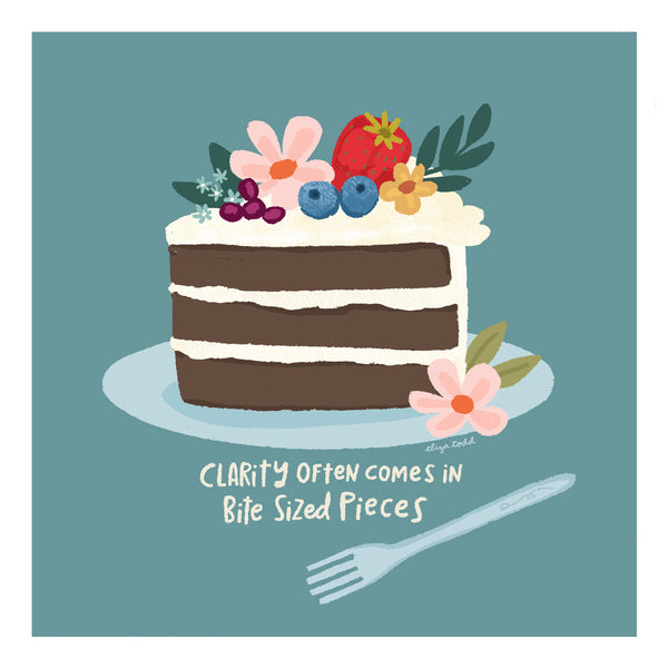 5x5 greeting card by Eliza Todd featuring a slice of chocolate cake and fruits, saying "Clarity often comes in bite sized pieces." - APeaceofWerk.com