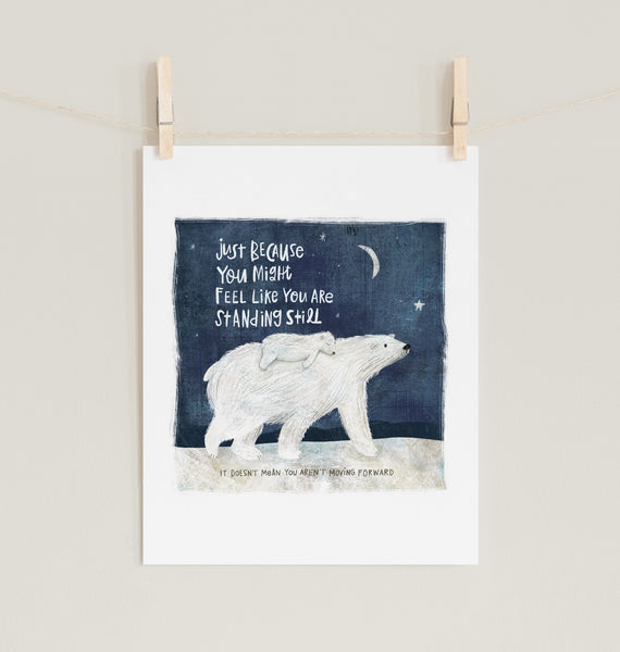 Fine art prints by Eliza Todd featuring two polar bears at night saying "Just because you might feel like you are standing still, it doesn't mean you aren't moving forward." - APeaceofWerk.com