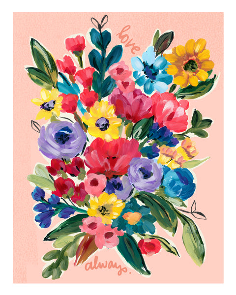5x7 greeting cards by Eliza Todd featuring a bright flower bouquet, saying "Love always." - APeaceofWerk.com