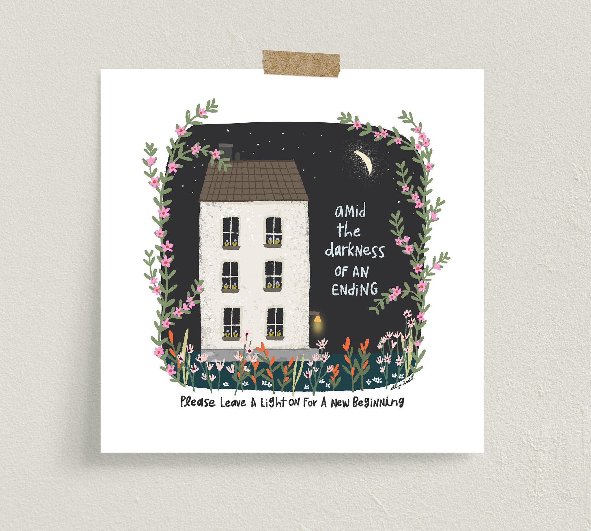 Fine art prints by Eliza Todd featuring a white house at night with the front porch light on saying "Amid the darkness of an ending, please leave a light on for a new beginning." - APeaceofWerk.com