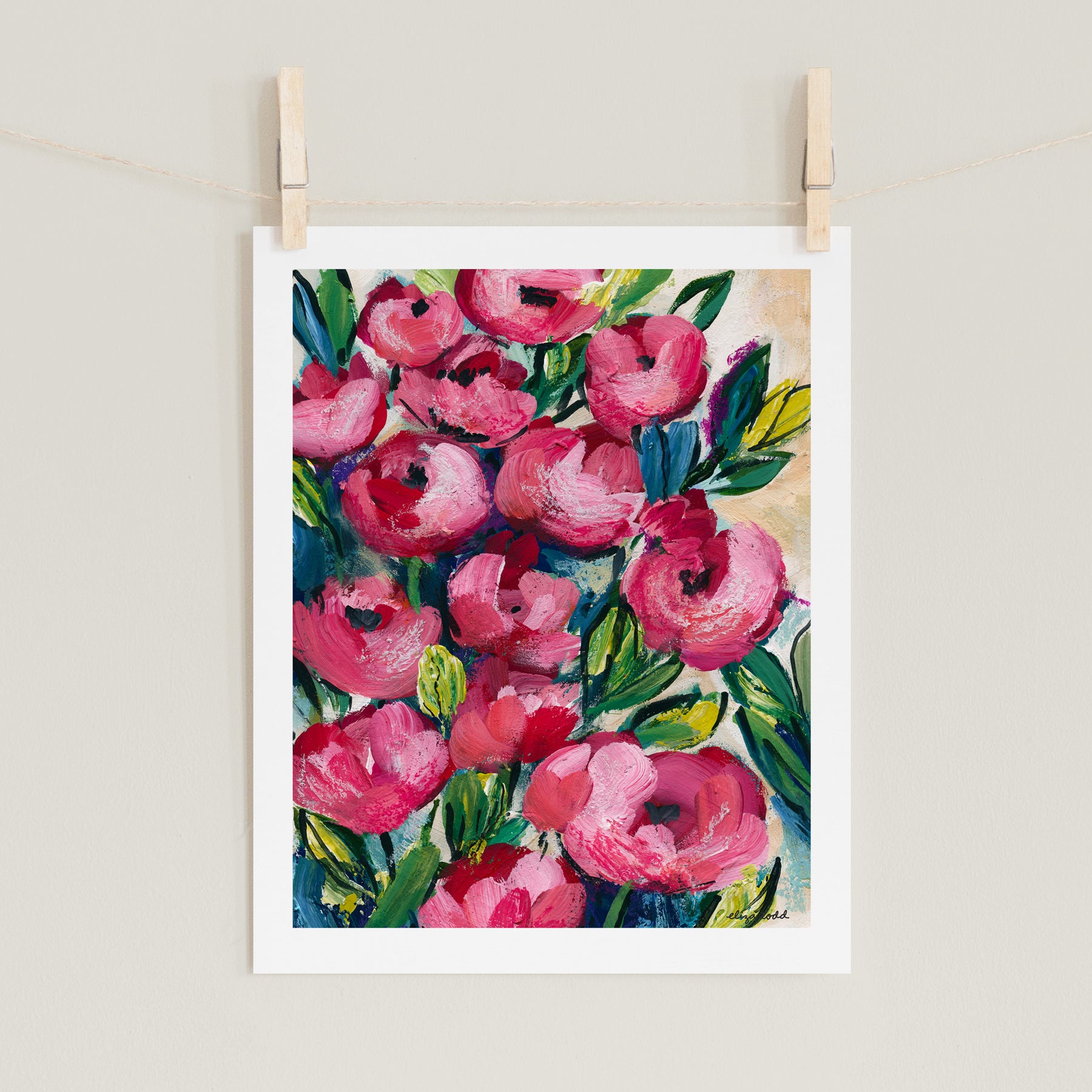 Fine art prints by Eliza Todd featuring roses with strong bright pinks and greens - APeaceofWerk.com