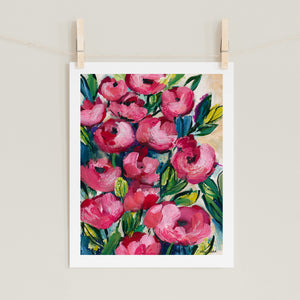 Fine art prints by Eliza Todd featuring roses with strong bright pinks and greens - APeaceofWerk.com