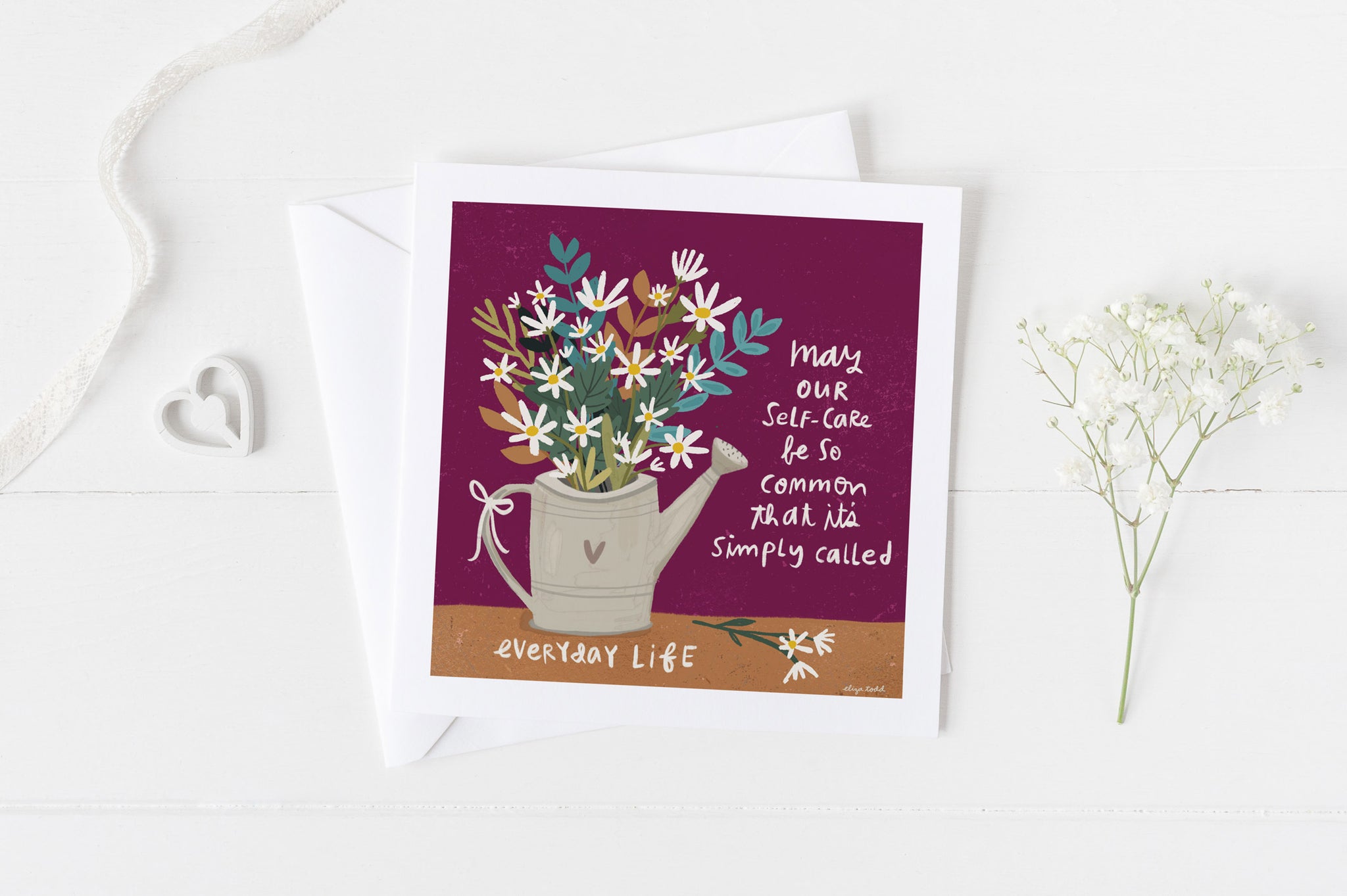 5x5 selfcare greeting cards by Eliza Todd featuring flowers in a watering can, saying "May our self-care be so common that it’s simply called everyday life." - APeaceofWerk.com